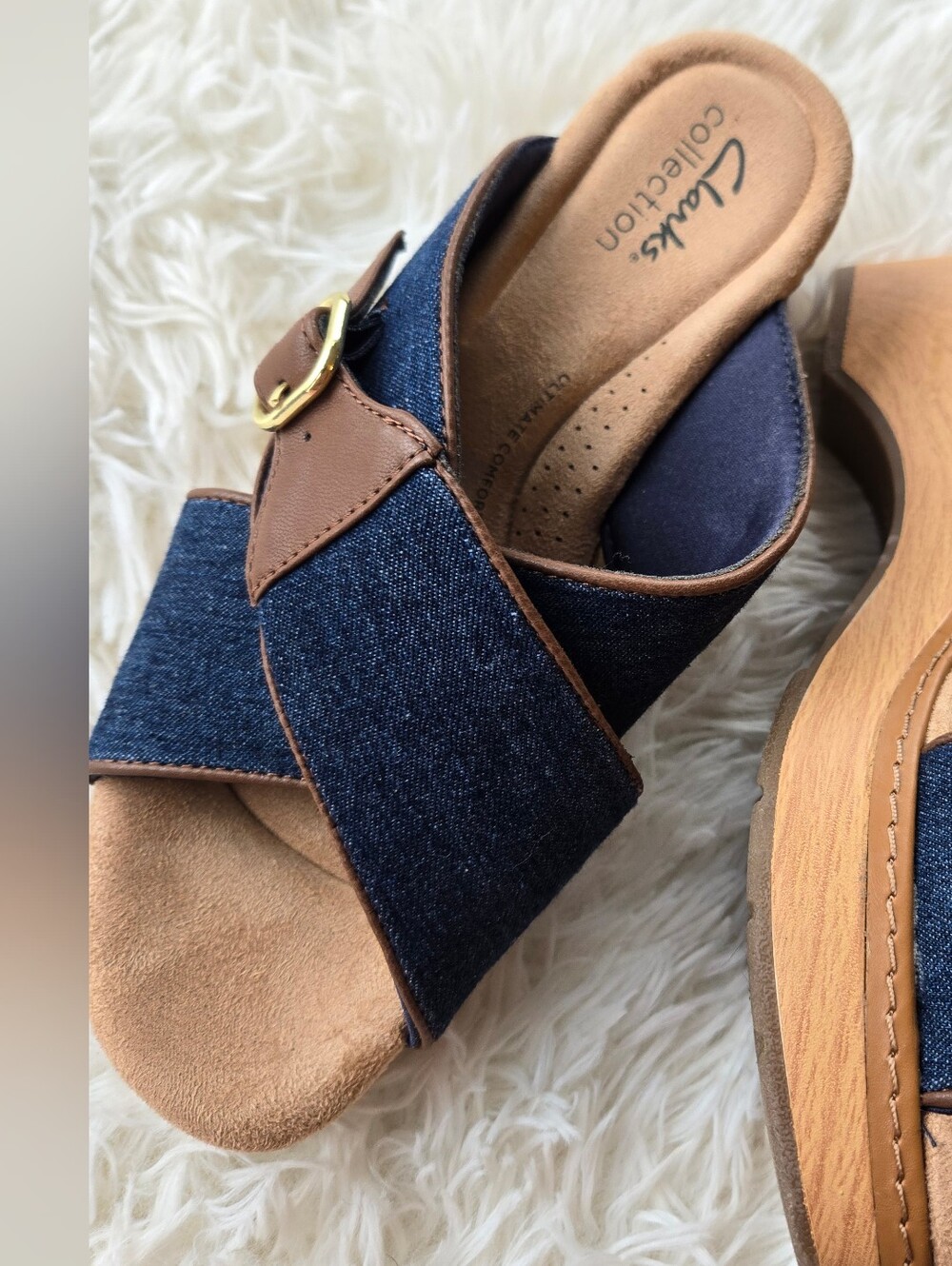 Clarks Seannah Nora Dark Denim Wedge Clog US 7.5